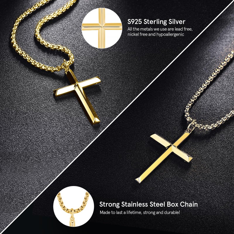 FANCIME Cross Necklace for Men Women Gold Cross Necklaces Sterling Silver Cross Pendant High Polished Large Big Beveled Edge Long Fine Jewelry Gifts For Boys,Stainless Steel Box Chain Length 24 Inch - Image 3